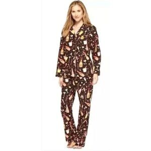 Nick & Nora Pajama Set Flannel Champagne Party New Year Black Pink Size Medium